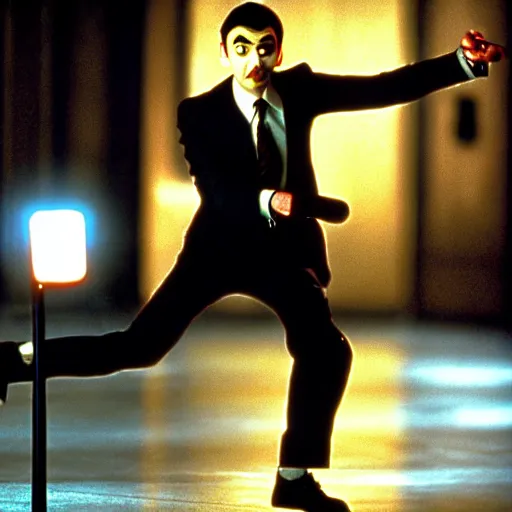 Prompt: mr. bean in vampires kiss. movie still. cinematic lighting.