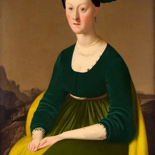 Image similar to a renaissance oil painting of a portrait of a young woman from the fifties, without eyebrows, seated in front of a landscape, wears a dark green dress, with yellow sleeves, with gold interlacing and embroidery at the neckline, a translucent black veil covers the finely curly hair, her arms are bent and her hands crossed