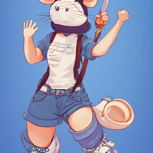 Image similar to in the style of studio ghibli, anthropomorphic mouse, female, wearing denim shorts and tank top, detailed, intricate, aesthetic, artistic, ambient occlusion, volumetric light effect, 8 k resolution