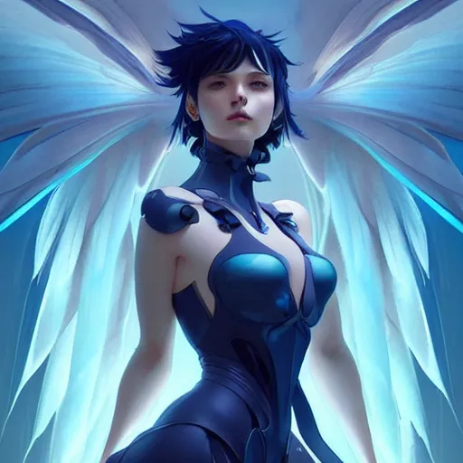 Prompt: 2D movie still, a beautiful cinematic female cyborg angel , fantasy magic, short aqua blue black fade hair, dark light night, highly detailed, advanced digital anime art, concept art, matte, art by WLOP and Artgerm and Greg Rutkowski and Alphonse Mucha, masterpiece by Jinji Ito