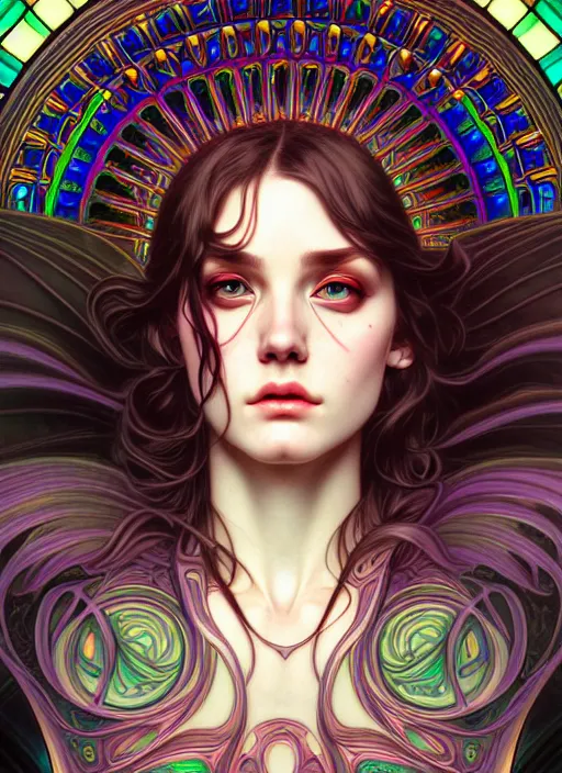 Image similar to overlord, psychedelic, portrait, highly detailed, deep focus, elegant, digital painting, smooth, sharp focus, illustration, ultra realistic, 8 k, art by artgerm and alphonse mucha