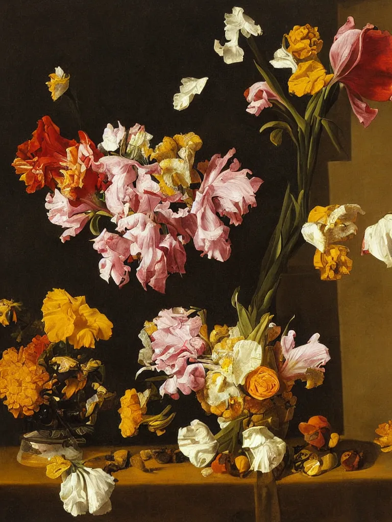 Image similar to painting, Dutch style, old masters, Jan Davidszoon de Heem, still life with flowers, iris, marigold, rose, lilies,