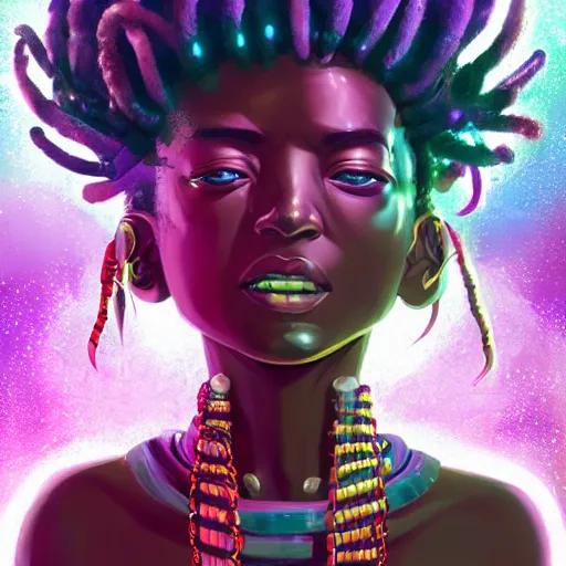 Image similar to dreads - cyberpunk deities and their creations, gods and men, manifesting dreams with kemetic magic in a modern world | hyperrealistic digital painting | by makoto shinkai, ilya kuvshinov, lois van baarle, rossdraws, basquiat | afrofuturism, in the style of surrealism, trending on artstation | dark color scheme