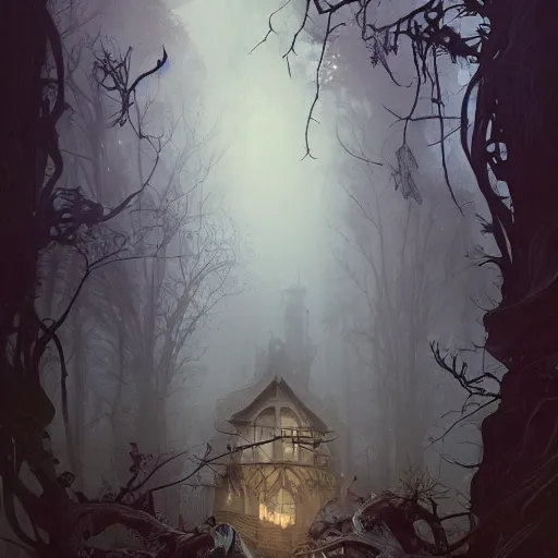 Prompt: a haunted victorian house in a dense dark forest, concept art, by Peter Mohrbacher and Alphonse Mucha, detailed, style, 8k, trending on artstation, unreal engine 4k, detailed, clean background trending, full shot, symmetrical portrait, sophisticated, Unreal engine, dystopia, anti-utopia, post processing, psychadelic