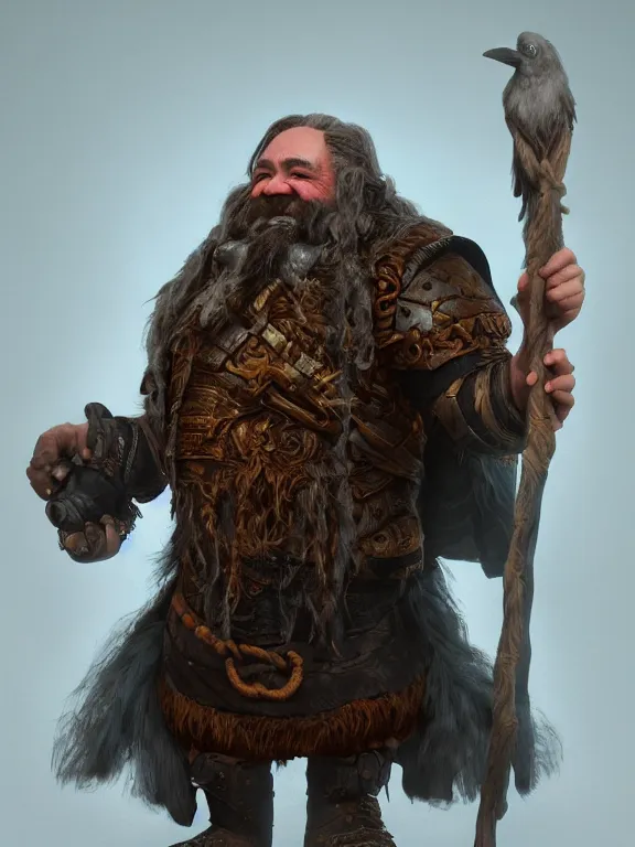 Image similar to Jovial High Fantasy Dwarf with his Raven, RPG Portrait Reference, Oil Painting, Trending on Artstation, octane render, Insanely Detailed, 8k, HD