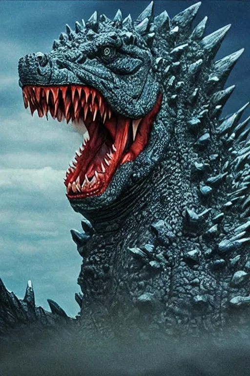 Image similar to Godzilla, kaiju, sea creature, crocodile, sharp teeth, scary look, angry