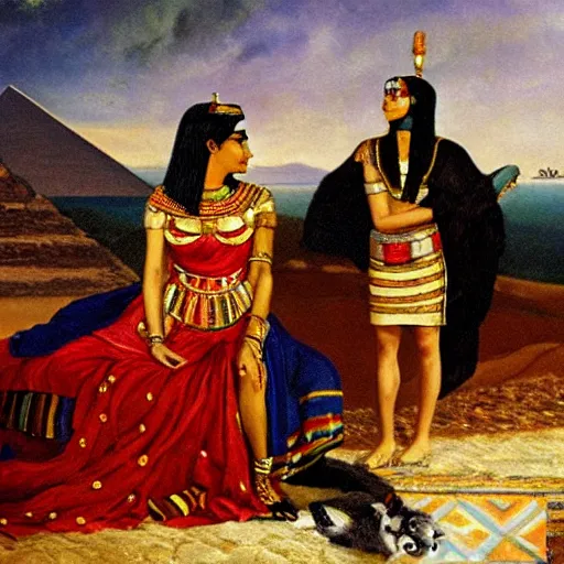 Image similar to an oil panting of cleopatra with her boyfiriend in egypt with fireworks