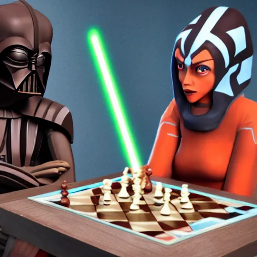 Prompt: Ahsoka Tano playing chess with Darth Vader in The Clone Wars season 7