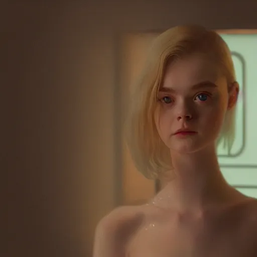 Prompt: Elle Fanning gazing in a mirror, pitch black room, extremely detailed masterpiece, oil on canvas, low-key neon lighting, artstation, Blade Runner 2049, Roger Deakin’s cinematography, by J. C. Leyendecker and Peter Paul Rubens,