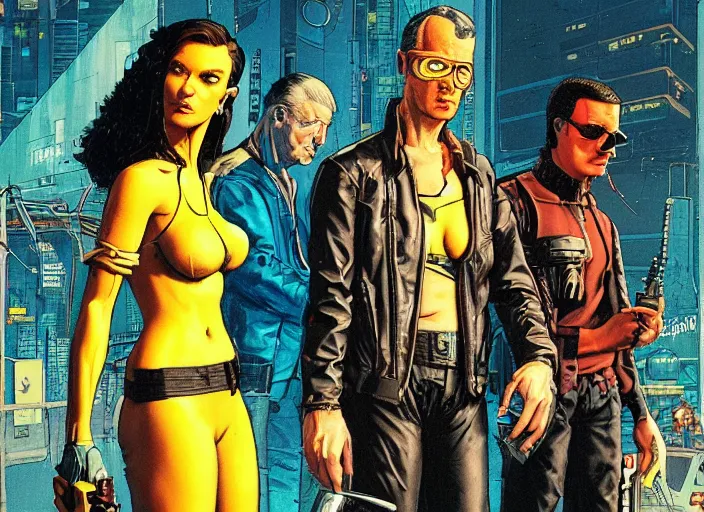 Image similar to cyberpunk heist crew. portrait by stonehouse and mœbius and will eisner and gil elvgren and pixar. character design. realistic proportions. dystopian. cyberpunk 2 0 7 7, apex, blade runner 2 0 4 9 concept art. cel shading. attractive face. thick lines. hi def 4 k. detailed scene.