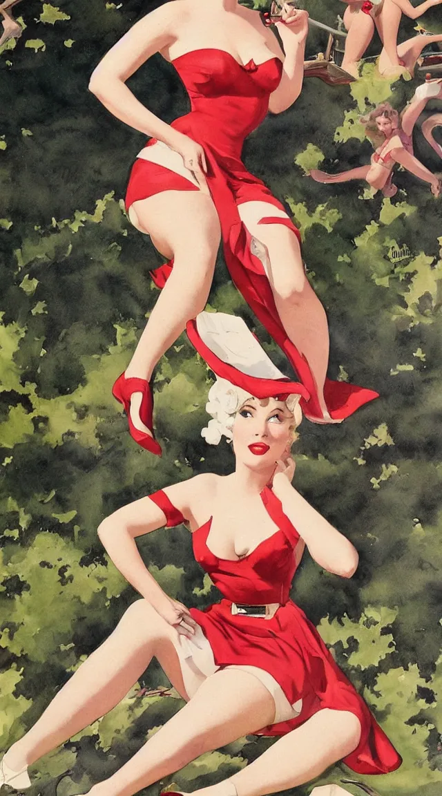 Image similar to full body pin up post war dressing a military unioform,with a park in the back ground, water color, Gil Elvgren style