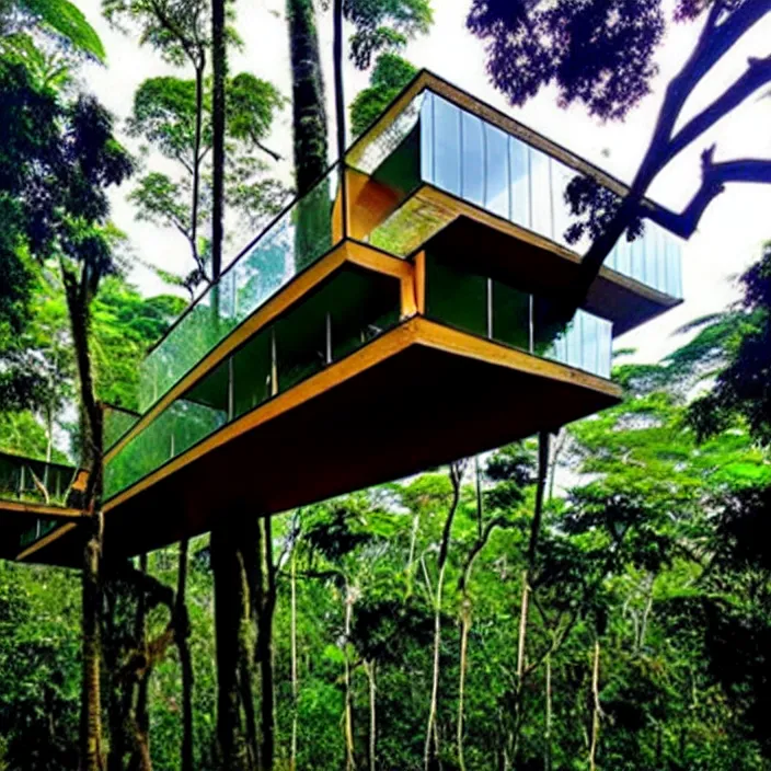 Prompt: cantilevered treehouse in the amazon jungle