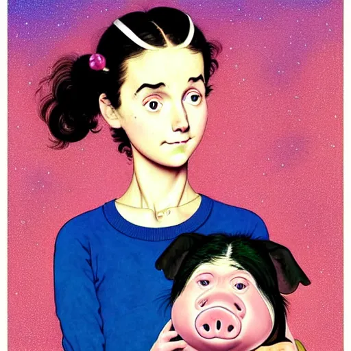 Image similar to portrait of a ( mindless american ) woman and her sidekick talking - pig enveloped in shimming iridescence, backpacking in pakistan about youth and depression, by norman rockwell, pixar, studio ghibli, toei, intricate line work, beautiful, complete light occlusion, rim light, pop - out, collage, trending on pinterest, artstation 8 k