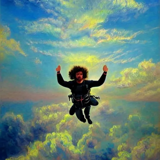 Prompt: egyptian man with curly hair, skydiving without a parachute, pastel clouds, impressionist painting, figurative painting, intricate details, happy