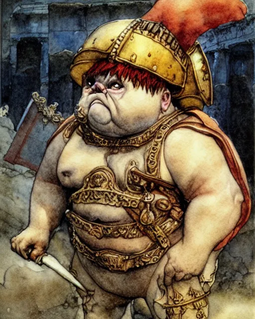 Image similar to a realistic and atmospheric watercolour fantasy character concept art portrait of a fat adorable chibi bulldog roman centurion in a roman temple, by rebecca guay, michael kaluta, charles vess and jean moebius giraud