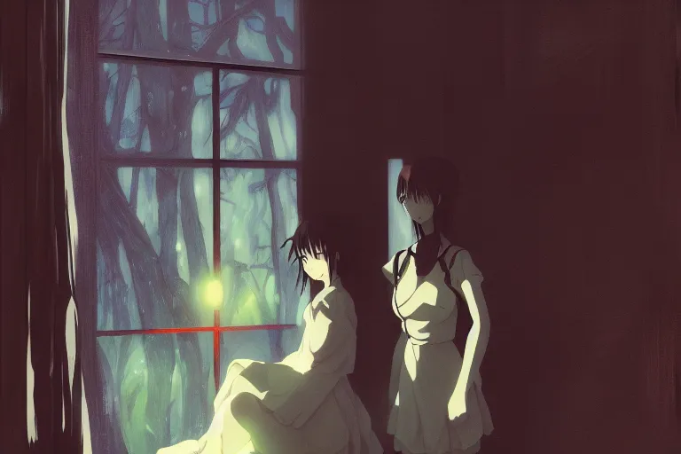 Prompt: anime key visual of anime maids found footage, spooky creepypasta, shaky trailcam, out of focus camera, style of jamie wyeth james gilleard edward hopper greg rutkowski acrylic painting, preserved museum piece, historical