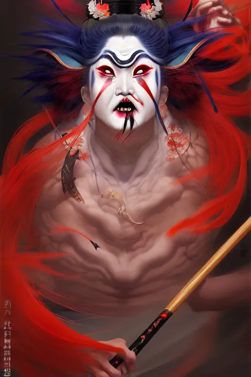 Image similar to an insane kabuki warrior wielding a spear while emitting a visible aura of madness, intricate hakama, red wig, crossed eyes, hazy atmosphere, high energy, in the style of fenghua zhong and ruan jia and jeremy lipking and peter mohrbacher, mystical colors, rim light,