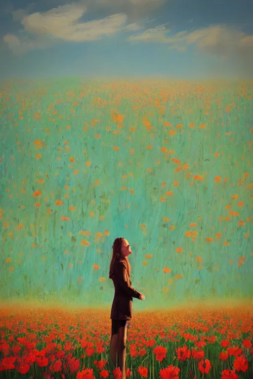 Image similar to closeup, giant flower head, girl in suit standing in a field of flowers, surreal photography, sunrise, blue sky, dramatic light, impressionist painting, digital painting, artstation, simon stalenhag