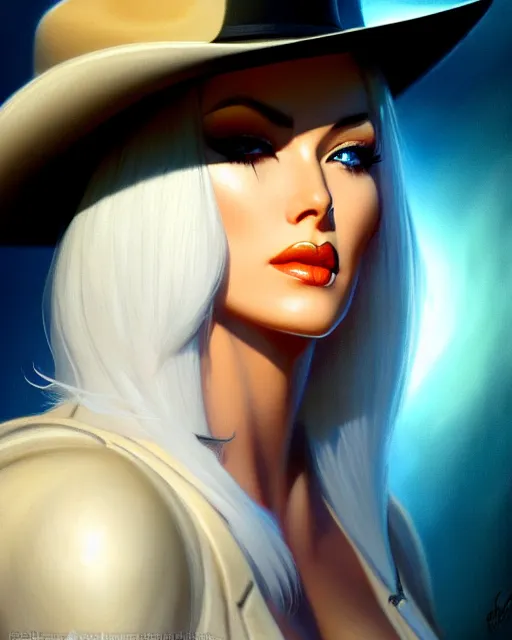 Image similar to ashe from overwatch, white hair, black cowboy hat, character portrait, portrait, close up, highly detailed, intricate detail, amazing detail, sharp focus, vintage fantasy art, vintage sci - fi art, radiant light, caustics, by boris vallejo