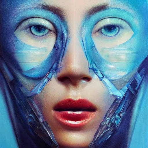 Prompt: 3 d, sci - fi, close - up, morning, smiling fashion model face, bright eyes, sun, cinematic, clouds, sun rays, vogue cover style, poster art, blue mood, realistic painting, intricate oil painting, high detail illustration, figurative art, multiple exposure, poster art, by tooth wu and wlop and beeple and greg rutkowski