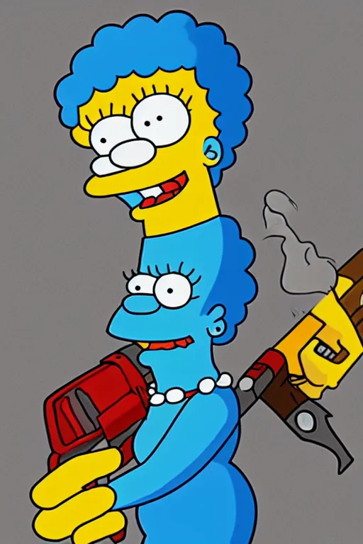 Image similar to marge simpson as a serial killer, holding a chainsaw