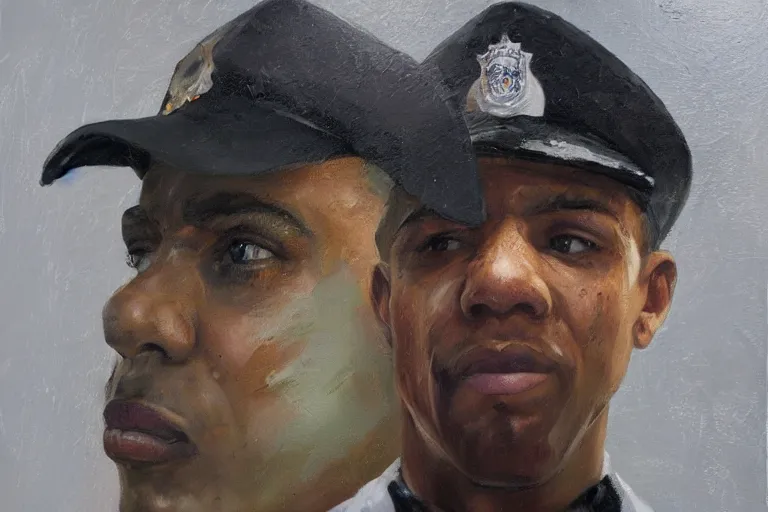 Prompt: palette knife oil painting portrait of ruben stone, a mall security guard., extreme detail, artstation trending, artgerm, random racial background, deviant art, octane, substance, art history 8 k