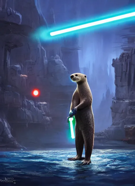 Image similar to portrait, anthropomorphic otter wearing Jedi robes wielding a blue lightsaber in a futuristic river town. Dramatic lighting, cinematic, establishing shot, extremely high detail, photo realistic, post processed, artstation, matte painting, style by eddie mendoza, raphael lacoste, alex ross