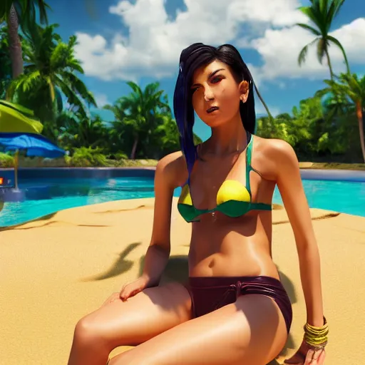 Image similar to pool party Akali catching the Hawaiian sun (League of Legends). 3d render, octane render, iRay, ray tracing, realistic, highly detailed, trending on artstation, 4k, cgsociety, unreal engine 5, redshift render, blender cycles, behance, cg