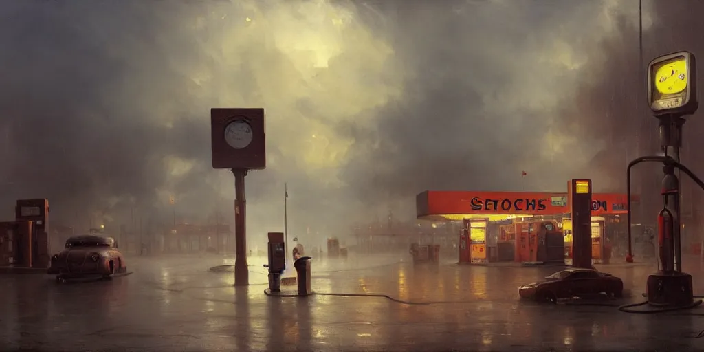 Prompt: a gas station in 1 9 4 0 with yellow and red light in the middle of the night, a men stand up next to the pump, mystical blue fog, oil on canvas, art by andreas achenbach, clemens ascher, tom bagshaw and sabbas apterus,