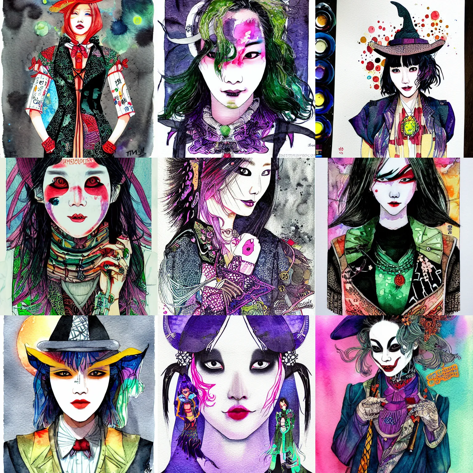 Prompt: korean women's fashion machine witch joker, intricate watercolor solarpunk portrait by tim doyle