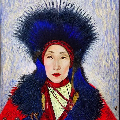 Prompt: head and shoulders portrait of a female knight, kazakh, furs, baroque, symbolist, tonalist, sfumato, chiaroscuro, luminous, detailed, ravens, edge lighting, etching, palette knife, girih, prussian blue and venetian red, glazing, happy