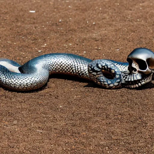 Prompt: large coiled snake with a chrome skull as the head, XF IQ4, f/1.4, ISO 200, 1/160s, 8K, RAW, unedited, symmetrical balance, in-frame