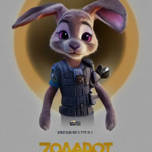 Image similar to portrait of a incredibly cute bunny killer rabbit, zootopia, cgi, blade runner, cyberpunk background, trending on artstation