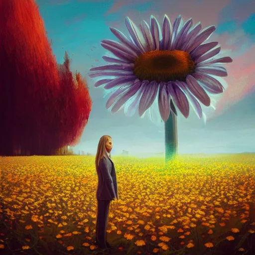 Image similar to giant daisy flower head, frontal, girl in a suit, surreal photography, sunrise, dramatic light, impressionist painting, digital painting, artstation, simon stalenhag