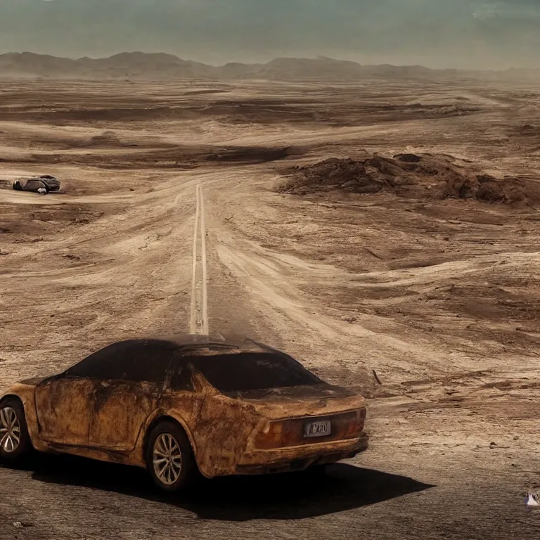 Image similar to A car drifting across a vast desert under an unrelenting sun. award winning. superb resolution. Detailed post-apocalyptic wasteland in background. Hyper realistic. Perfect art.