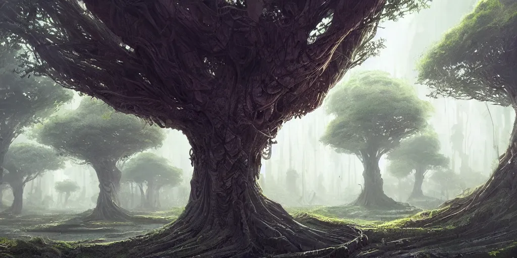 Image similar to a vast ancient tree city, greg rutkowski, 8 k, shallow depth of field, intricate detail, concept art,