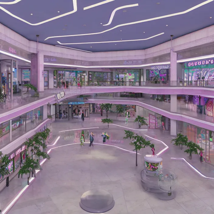 Image similar to vaporwave 9 0 s dreamy empty shopping mall, highly detailed, 3 d render, vray, octane, realistic lighting, photorealistic