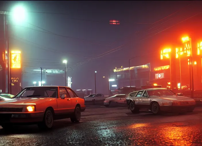 Image similar to gta game in moscow, 1 9 9 0, playstation 5 screenshot, mega details, dark night, orange lights, heavy rain, fog, beautiful rtx reflections, soviet suburbs, photorealistic, unreal engine 5, octane render, volumetric light, cg society, 4 k, 5 0 mm bokeh, russian lada car, artstation