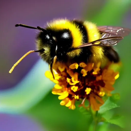 Prompt: bumblebee on flower macro shot, real photo, photography, bokeh, ultra detailed