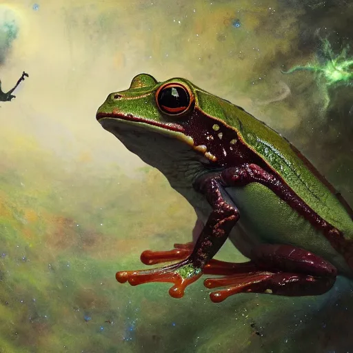 Prompt: long shot of an alien frog, by esao andrews, by m. w. kaluta, by james web telescope, ultra humorous beautiful oil painting, cinematic space scenery, small depth of field, depth perception, volumetric light, rich colors, 3 d octane render, 8 k, conceptart, hyperdetailed, hyperrealistic, trending on artstation
