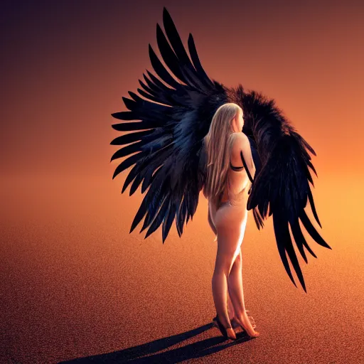 Prompt: pretty blond girl with outstretched raven wings raven feathers growing out of her skin, golden hour, caustics, shallow depth of field, moody lighting, 8 k, concept art,