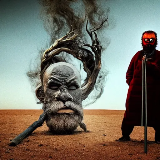 Prompt: full body shot of old asian man with long beard, his head covered in roots, full face occult silver mask, glowing eyes, holding a large carved wooden dark fractal stick, thick smoke around him, in the burning soil desert, cinematic shot, wide angle, red desert background, volumetric lighting by Denis Villeneuve, Lubezki, Gaspar Noe, Christopher Doyle and Alejandro Jodorowsky, anamorphic lens, anamorphic lens flares, kodakchrome, cinematic composition, practical effects, award winning photo, 8k