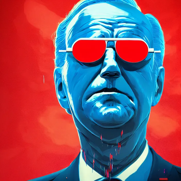 Prompt: portrait of dark joe biden as a cool action hero with sun glasses using the red white and blue nukes. intricate abstract. intricate artwork. by tooth wu, wlop, beeple, dan mumford. octane render, trending on artstation, greg rutkowski very coherent symmetrical artwork. cinematic, hyper realism, high detail, octane render, 8 k, iridescent accents