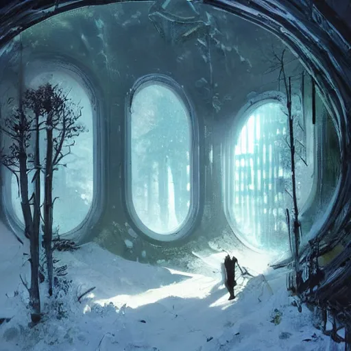 Prompt: stairs leading to a frozen derelict portal in a middle of a snowy lush futuristic forest, green lush world seen only through a portal, daylight, cinematic lighting, blue sky, syd mead, john harris