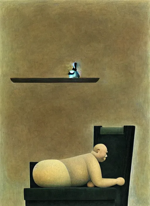 Image similar to fat man sitting on chair looking at his smartphone, hysterical, sweat, fat, frustrated, art by gertrude abercrombie hans bellmer and william blake