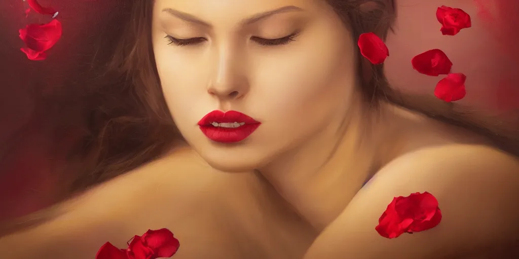 Image similar to beautiful oil matte portrait painting, young woman with closed eyes lying on a red bed sheet wearing a mustard yellow dress covered in rose petals, detailed face, wonderful masterpiece highly detailed, beautiful cinematic light deep focus, elegant, digital painting, smooth, sharp focus, golden ratio, dramatic illumination, ultra realistic, 8 k, art by jimmy law