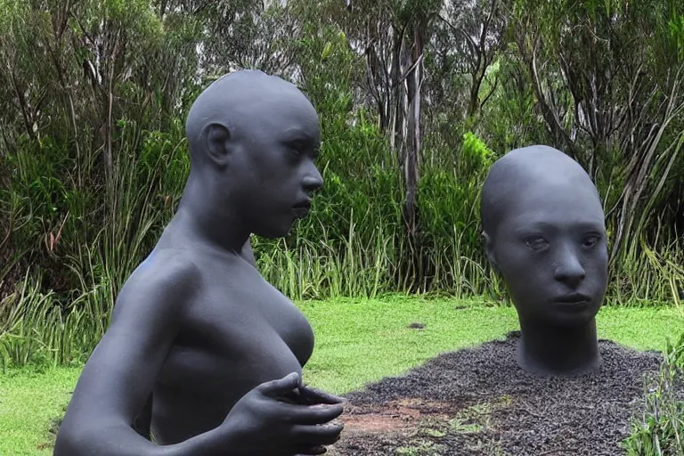 Image similar to “dramatic award-winning sculpture in an Australian wetlands, sculpture garden”