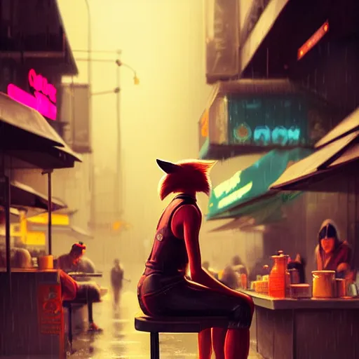 Prompt: splash art of anthropomorphic female vulpes vulpes fulva woman sitting at a noodle stand eating noodles in the crowded street of a cyberpunk city, rain, harsh neon lighting, realistic, ultra detailed, by greg rutkowski, wlop, sakimichan, artgerm