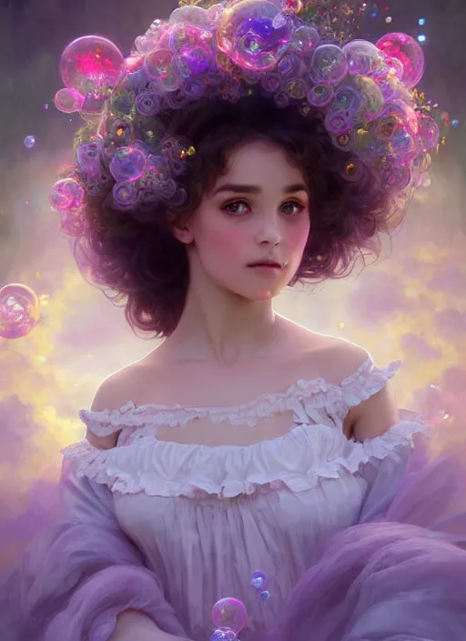 Prompt: portrait of magical lolita child, dreamy and ethereal, lavender and pink eyes, peaceful expression, ornate frilly dress, fantasy, intricate, elegant, rainbow bubbles, highly detailed, digital painting, artstation, concept art, smooth, sharp focus, illustration, art by artgerm and greg rutkowski and alphonse mucha