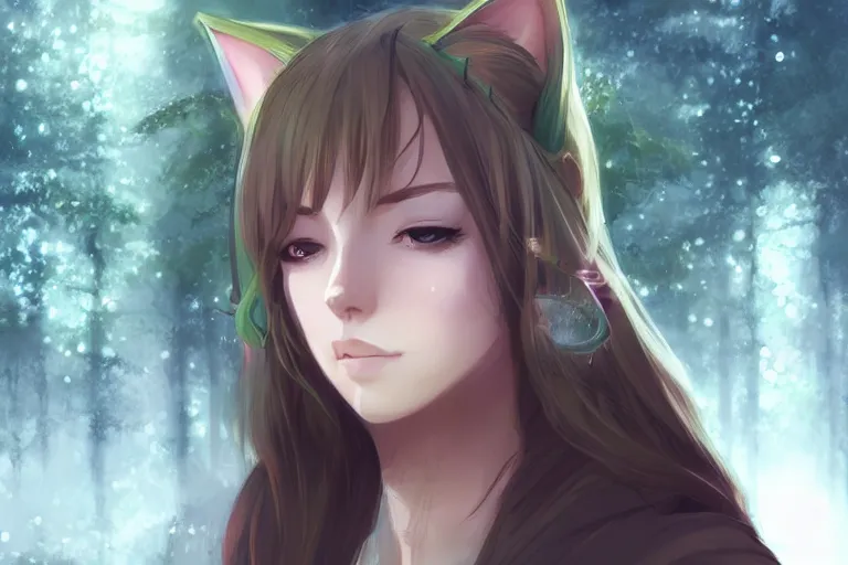 Image similar to female mage with cat ears in a forest, detailed attractive face, fantasy art, anime style, by charlie bowater, by makoto shinkai, by studio ghibli, atmospheric, vector art, 4 k film still, close up portrait